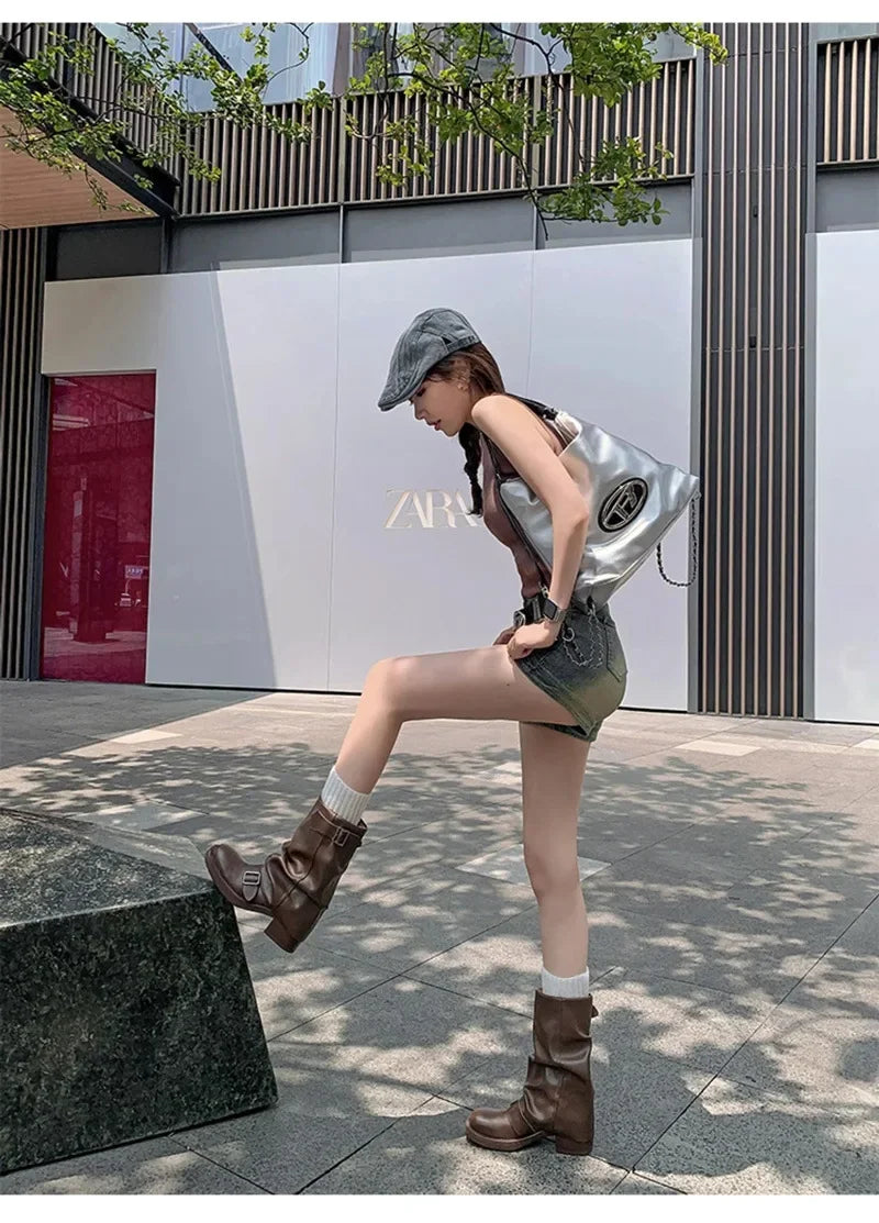 Pleated Buckle Knight Boots for Women Autumn Brown PU Leather Mid Calf Boots Woman Slip-On Thick Heel Riding Botas Mujer 2024.