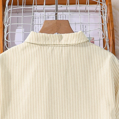 Spring Hot Sale Kids Outfit 4-12 Years Girls Striped Long Sleeve Chemise + Casual Loose Straight Leg Pants Shirt Suit 2Pcs Set