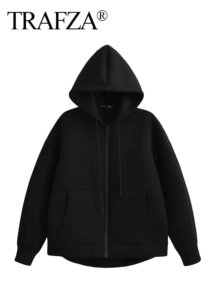 TRAFZA Winter Neue frauen Zipper Hoodie Mantel High Street Doppel Taschen Jacke Oversize Lose Sweatshirts Oberbekleidung Top.