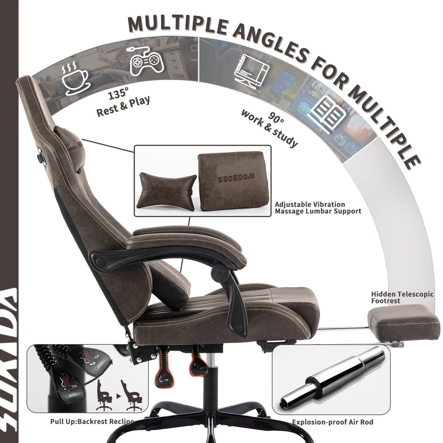 SUKIDAGaming-Stuhl, Computerstuhl, ergonomischer Gaming-Stuhl mit Fußstütze, Bürostuhl, ergonomischer Computerstuhl mit Lordosenstütze