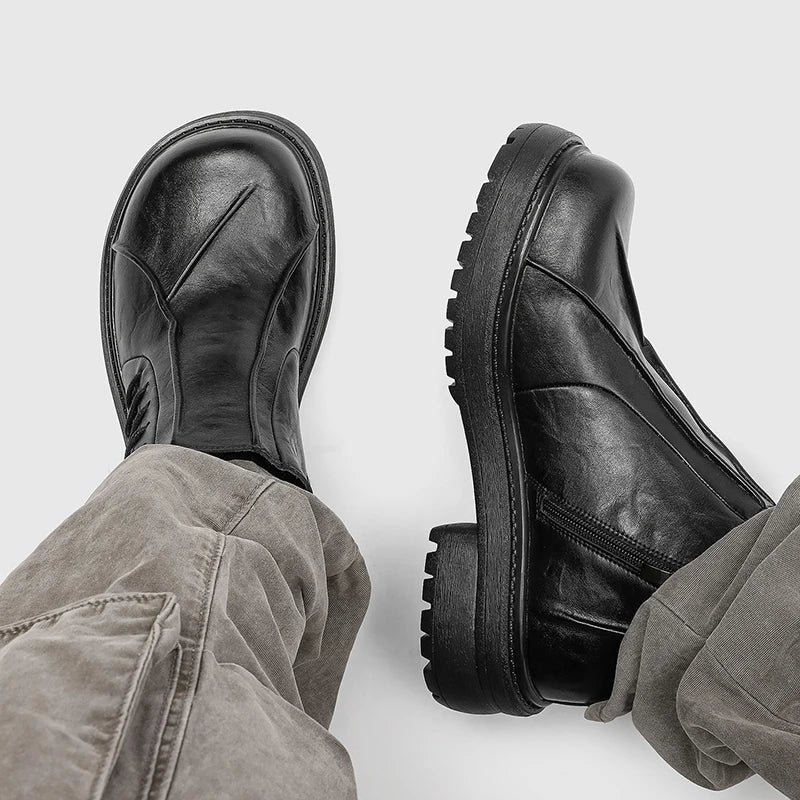 Autumn Winter Mens Ankle Boots Genuine Leather  Platform Chelsea Boots Street Style Male Motorcycle Boots High Top Walking Shoes.