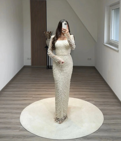 BABYONLINE Maßgeschneidertes Abendkleid All CoPearl Sleeve Full Crystals Etuikleid Abiye.