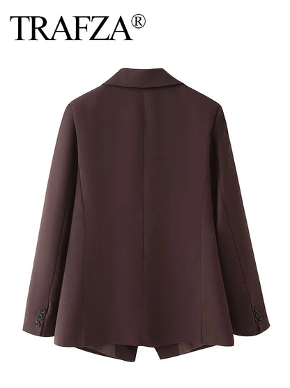 TRAFZA Frauen Elegante Feste Revers Zwei Tasten Anzug Jacke Mode Lange Hülse Dünne Kurze Mäntel 2024 Neue Casual Büro Dame Blazer.
