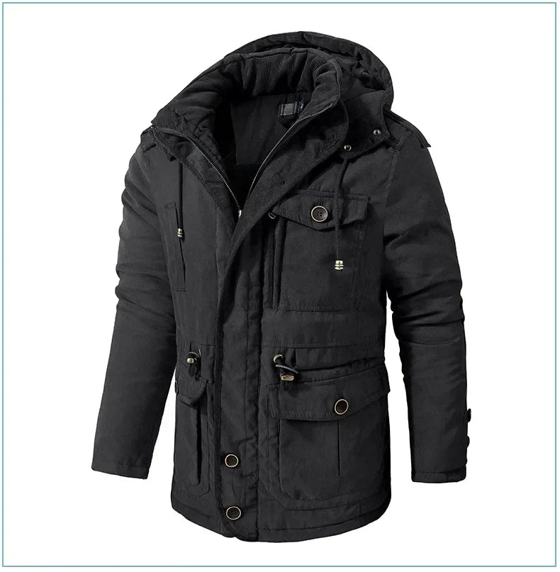 Men's Jacket WINTER USA SIZE Large SIZE Lamb Fleece JACKETS Hooded Cotton Thickened Multi Pocket Casual Mid length Coat