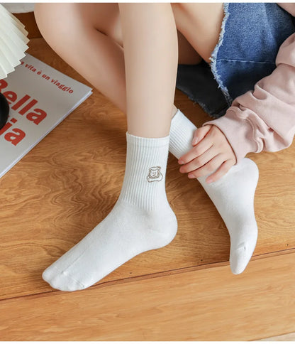 5 Pairs of White Women's Embroidered Socks for All Seasons Cotton Socks Mid-high Tube Student Cartoon Sports Socks.