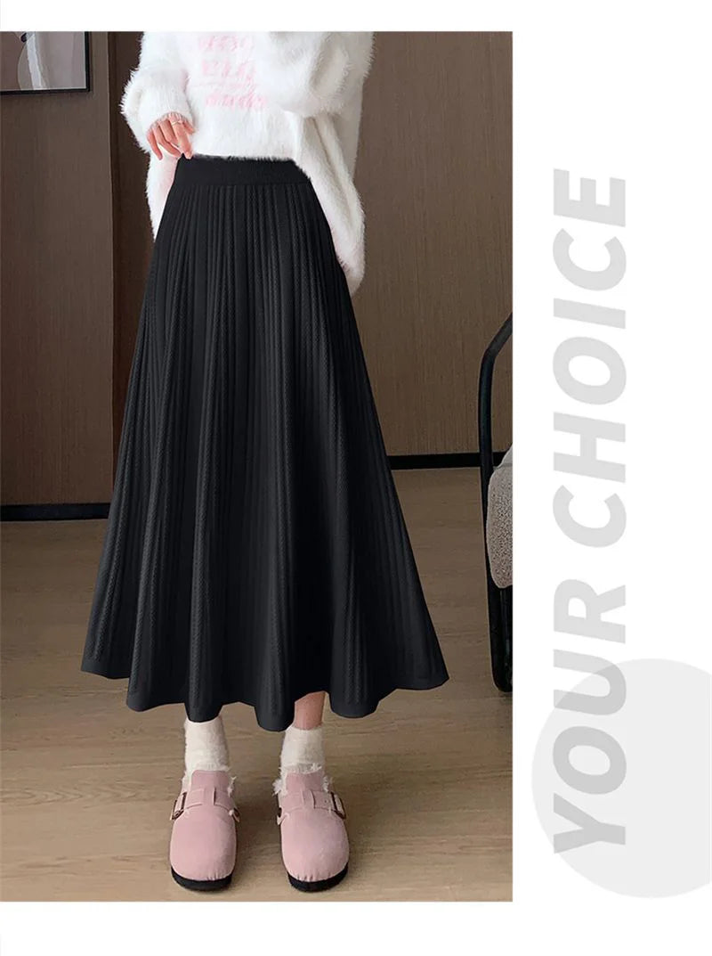 Sweet Vintage Knitted Long Skirts Women Preppy Style High Waist Loose A Line Skirts Fall Winter Retro Simple Elegant Long Skirts.