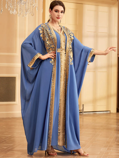 Ramadan Sequins Dubai Abayas Arab Tunics Batwing Sleeve Dresses For Women Gala Two pieces Moroccan Elegant Kebaya.