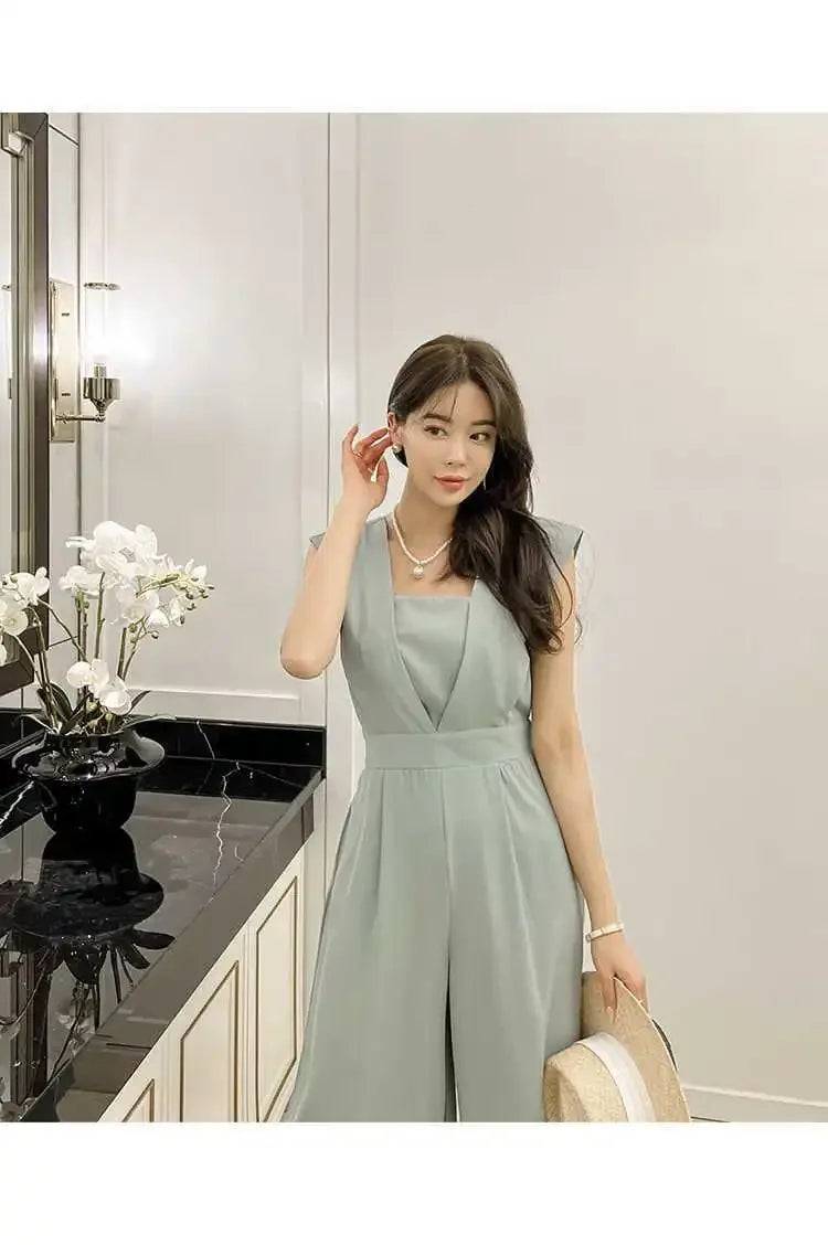 Slimming High Waist Wide Leg Pants Korean Style Fashionable Women's One-Piece Jumpsuit Summer New Arrival Simple Elegant.