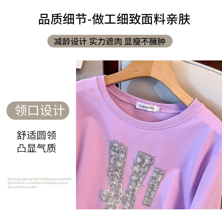 175kg plus size Damen büste Frühling Herbst loser Rundhals ausschnitt Langarm bedrucktes Sweatshirt schwarz lila 5xl 6xl 7xl 8xl 9xl.