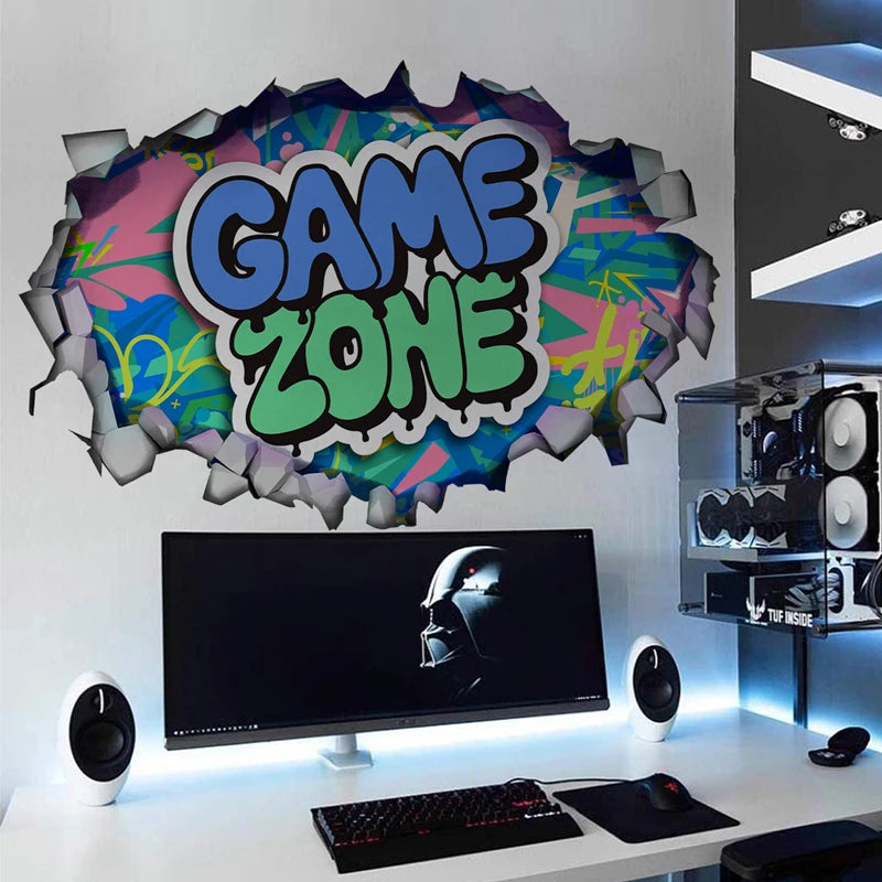 Larger Game Poster 3D Wall Hole Art Cool Gamer Zone Gamepad Vinyl Mural Stickers Home Decoration for Kids Bedroom Gaming Rooms.