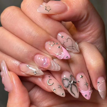 White Glitter Powder Bowknot Long Pointed Fake Nails Art Ballet False Nail Cow Print Pearl Rhinestone Pink Almond Press on Nails