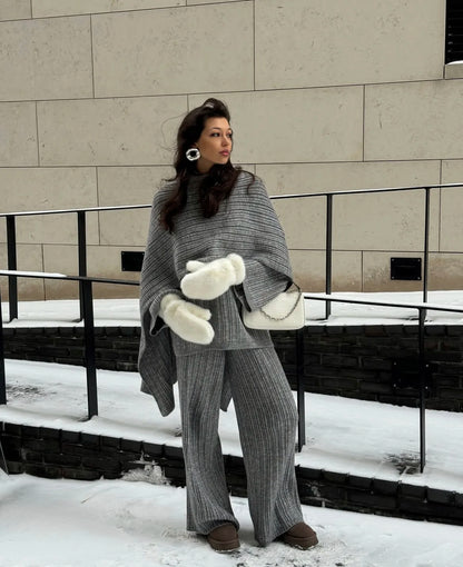 Hirsionsan Soft Elegant Vintage Women Suits 3 Pieces Female Sets O Neck Sweater & Wild Leg Pants with Scarf Knitted TrackSuit.