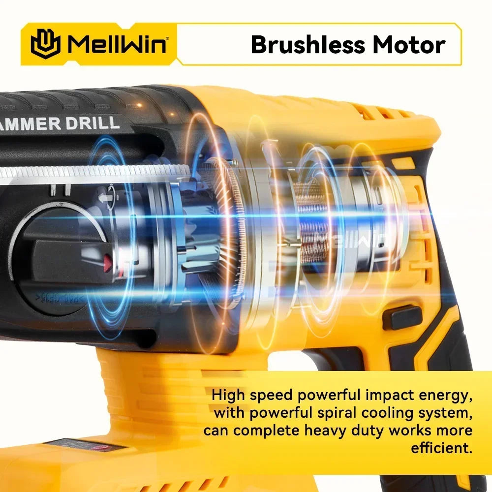 MELLWIN 26 mm bürstenloser elektrischer Bohrhammer, multifunktionaler Bohrhammer, Schlagbohrmaschine, Werkzeugset für Makita 18 V Batterie-Pin