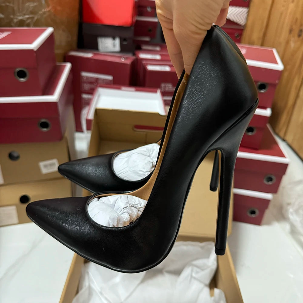 Tikicup Plus Size 40-48 Solid Black 15cm Extremely High Heel Pointy Toe Stiletto Pumps Slip On Crossdress Gragon Queen Shoes.