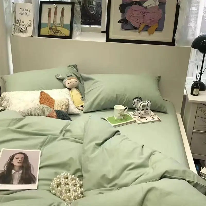 Solid Grey Matcha Color Bedding Set Adults Kids Twin Full Queen Size Bed Flat Sheet Duvet Cover Set Pillowcases Simple Bed Linen.