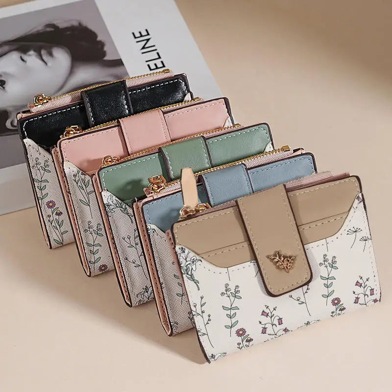 Slim Pu Leather Short Wallet Ins Multi Card Zipper Coin Wallet Strap Small Flower Card Bag Wallet Zipper Strap Women's Girl.