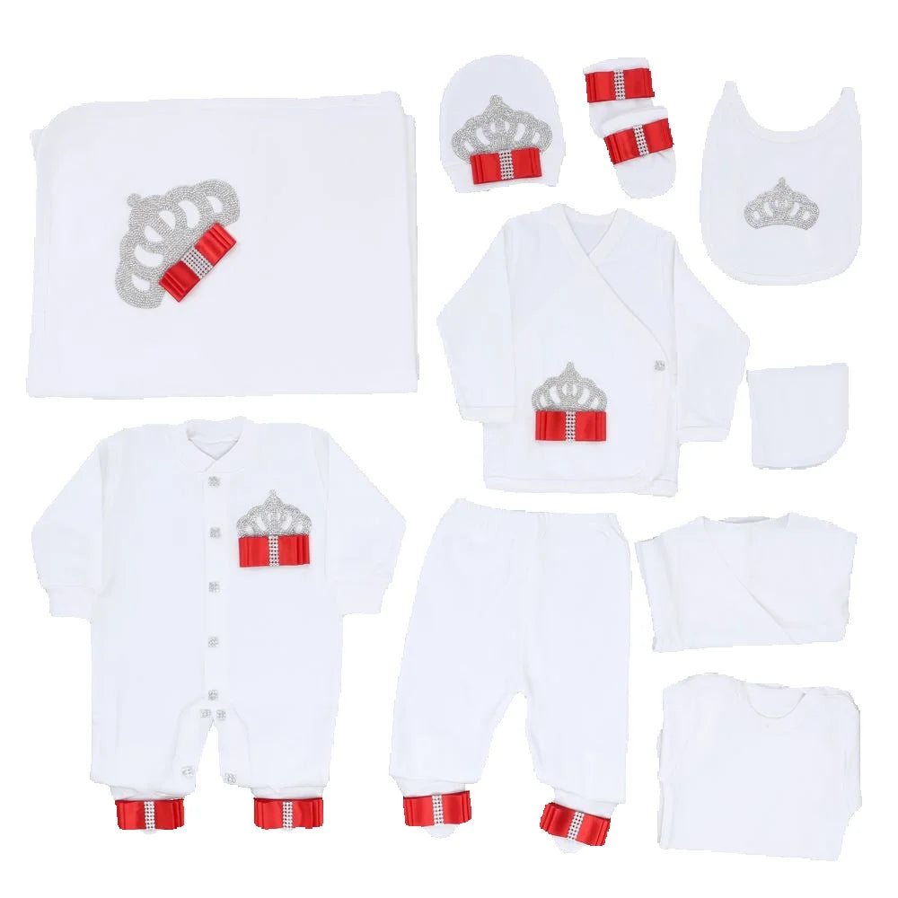 10-teiliges blaues 100 % Baumwollgewebe, gestrickt, Großhandel, individuell gestaltet, Neugeborene, neues Design, Winterkleidung, Kleidung, Luxus-Baby-Strampler-Set.