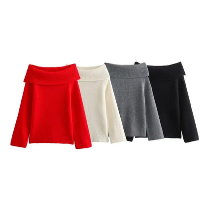TRAFZA Frauen Fashion Solid Off Schulter Pullover Langarm Gestrickte Pullover Pullover Herbst Weibliche Casual Strickwaren Chic Top.