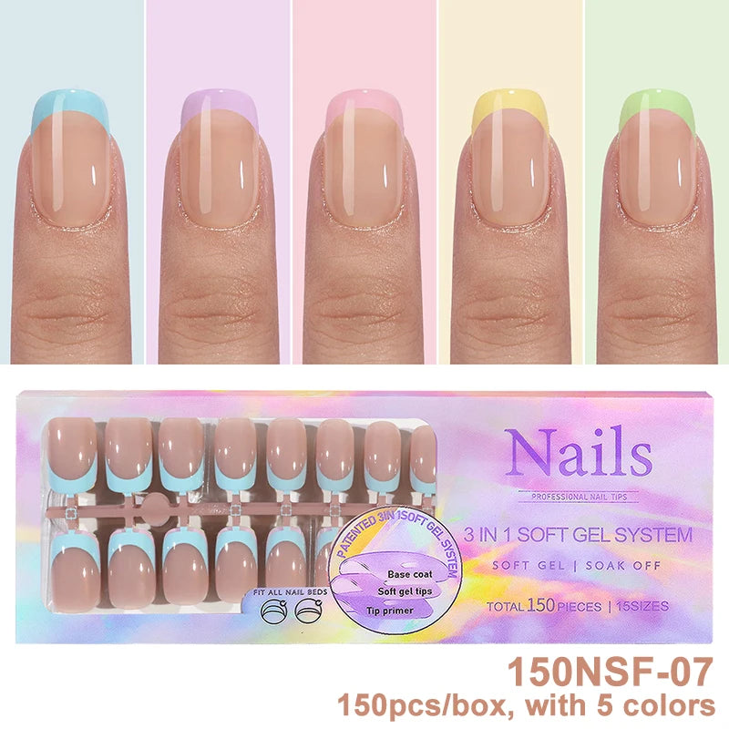 150Pcs/Box Acrylic Press on Nails Full Cover Fake False Tips Soft Gel Extension T-shaped Oval Capsule Almond Sculpted Salon DIY.
