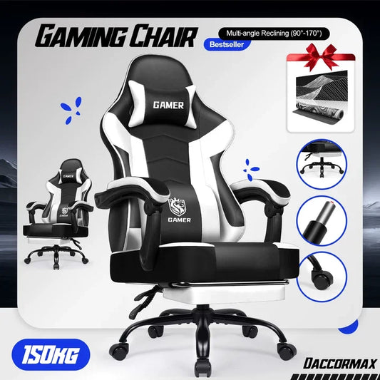 Daccormax Ergonomischer Gaming-Stuhl mit verstellbarer Lordosenstütze und Kopfstütze, Design mit hoher Rückenlehne + faltbarer Fußstütze für PC-Gamer