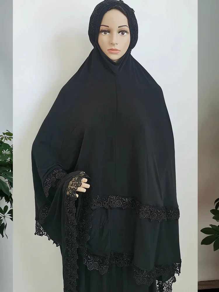 Ramadan  Long Khimar Muslim Abaya Women Prayer Garment Saudi Prayer Dress Lace Trim Silky 2 Piece Skirt Sets Eid Niqab jilbab