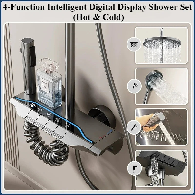 Four Ways Water Outlet Shower System Smart Digital Bathroom Shower Faucet Set Temperature Display Rainlfall Sunflower Shower Set