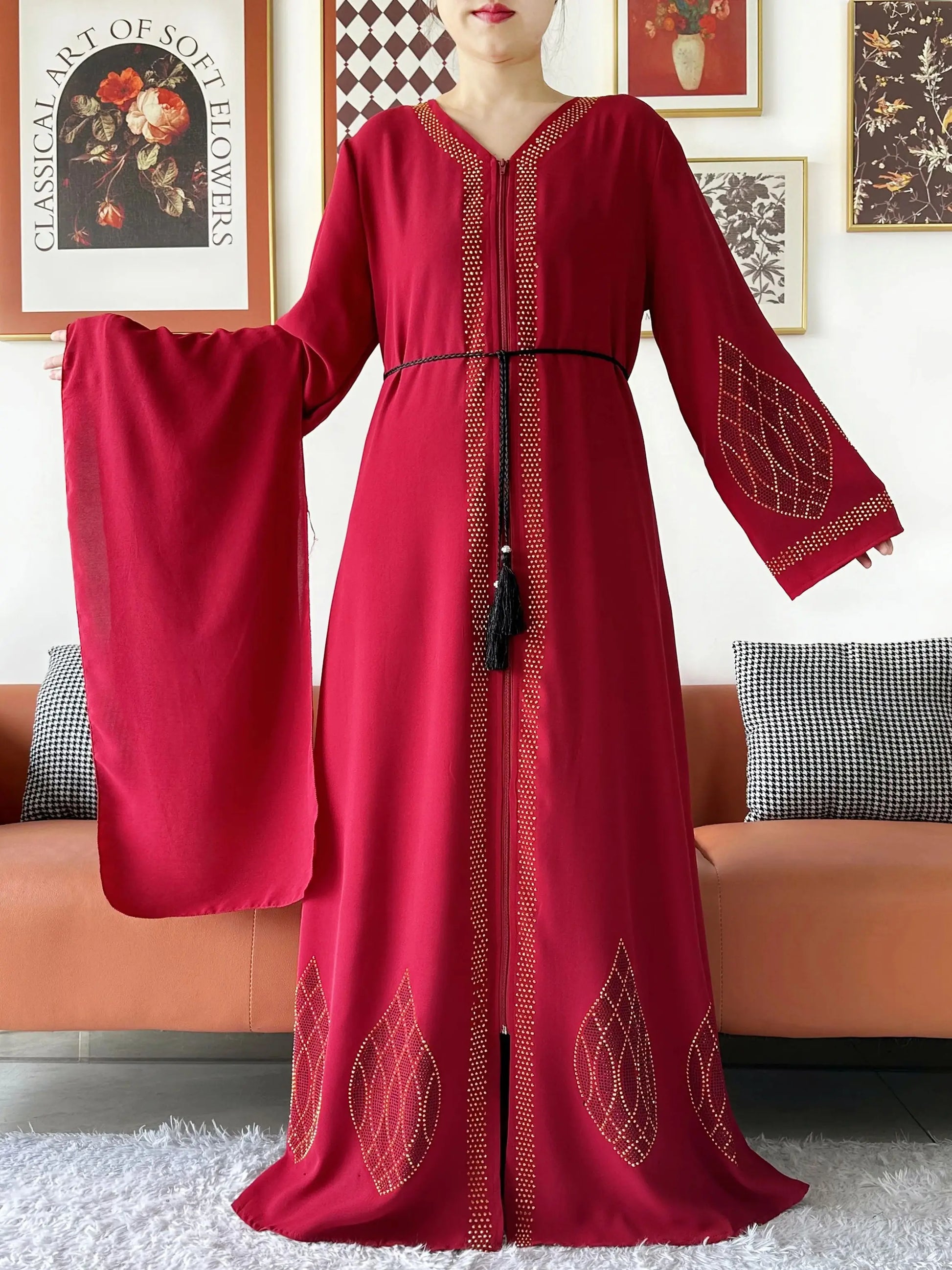 Elegant Women's Party Dress Chiffon Loose Open Zipper Abaya Muslim Islamic Clothing Cardigan Style for Special Occasions.