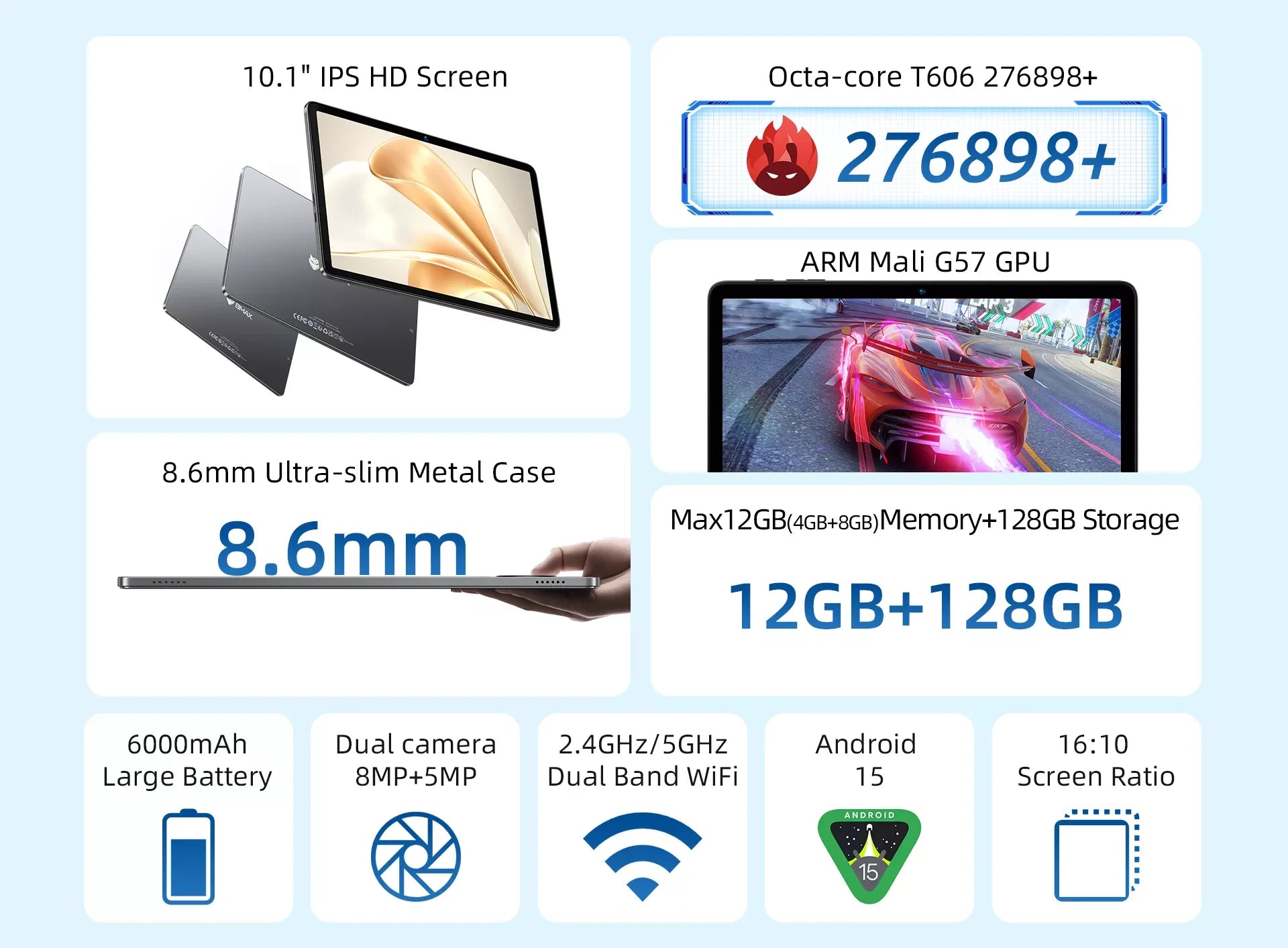 BMAX I10 Plus Android 15 10.1" HD Screen 4GB+8GB Expansion 128GB Storage UNISOC T606 ARM Mail G57  Dual Band Wi-Fi Tablet.