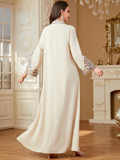 Dubai Muslim New Fashion Women's Embroidereid Long Sleeve V-neck Loose A-line Ankle Length Dresses Female Trendy Elegant Clothes.