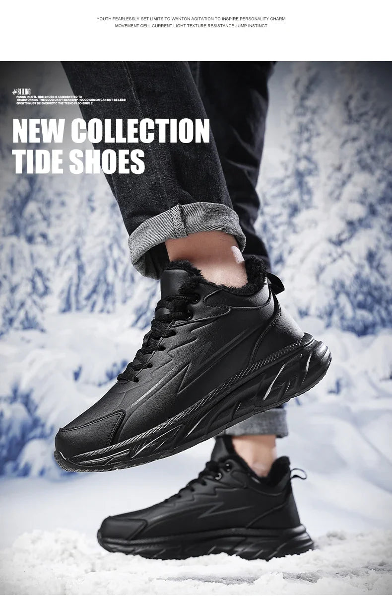 Black Leather Shoes for Men Height Increasing Winter Fashion Sneakers Plus Fur Warm Outdoor Cotton Casual Shoes Men Shoe Size 48