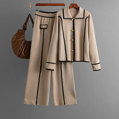 Women Sweater 2 Piece Suit Pullover Knitted Wide Leg Pants Muslim Sets Knitwear Single Breasted 2025 Outfits Autumn Winter