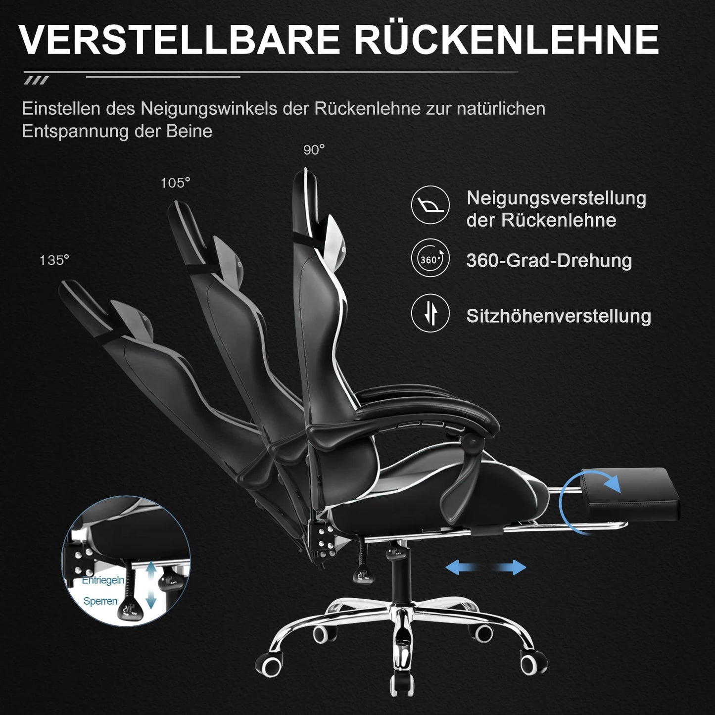 GTPLAYER Gaming Stuhl mit Massage, Ergonomischer Schreibtischstuhl mit Fußstütze, Kopfstütze, Drehstuhl für Büro und Gamer