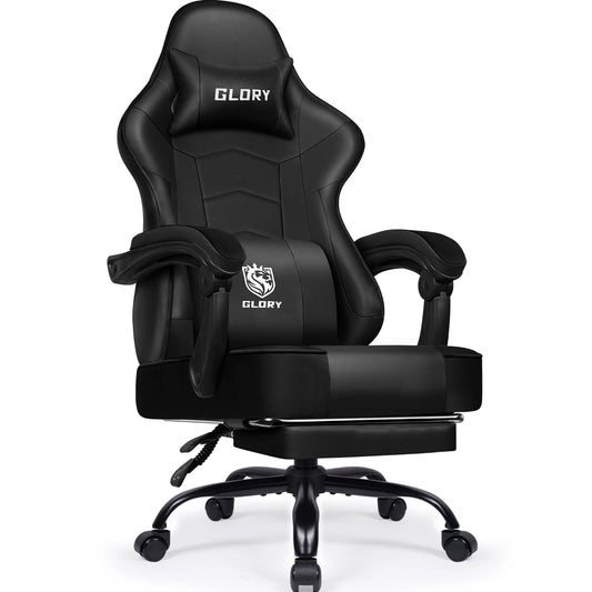 AUTHMIC Ergonomischer Gaming-Stuhl mit Fußstütze und Lordosenstütze, verstellbarer Bürostuhl aus PU-Leder, für Heimbüro und Gamer