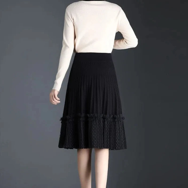 Korean Fashion Autumn Winter Women Solid Elastic High Waist Lace Patchwork Simplicity Mid-length A-line Pleated Knitted Skirt.