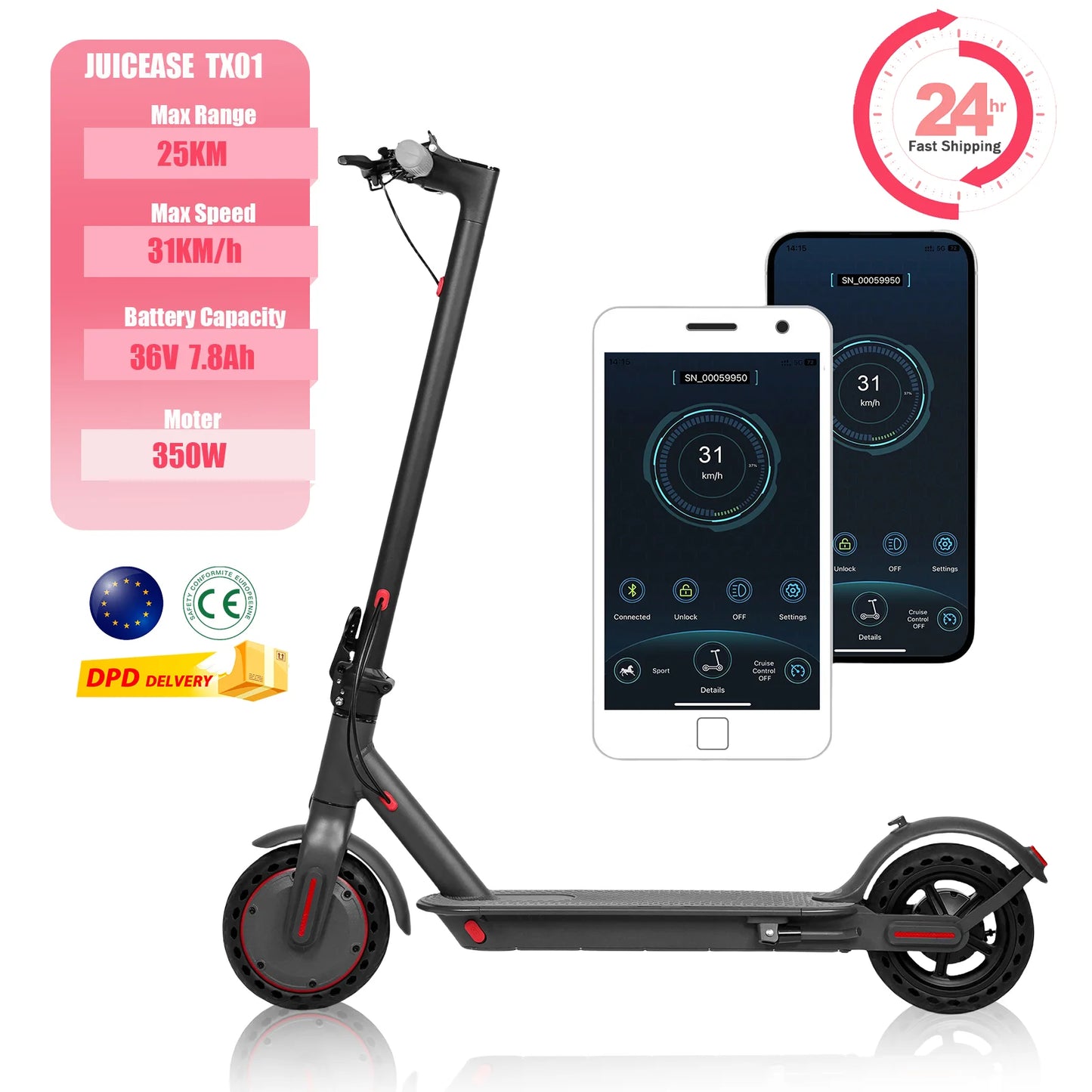 2025 JUICEASE TX01 Electric Scooter 350W Motor 36V 7.8Ah 25 KM Range 31KM/ 8.5 Inch Tires with APP Foldable Adult Kick I Scooter