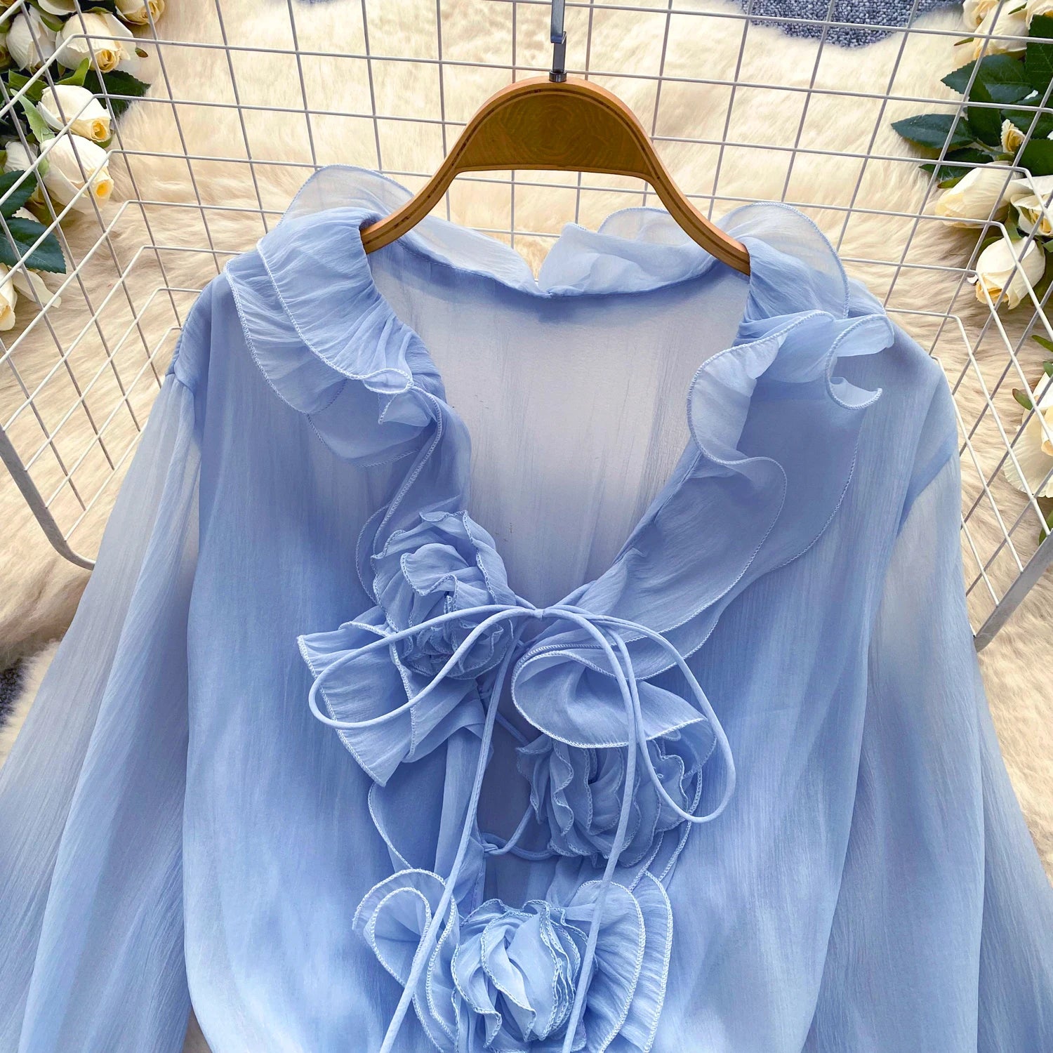 SINGREINY 3D Floral Strand Kurzes Kleid Weibliche Lange Ärmel Spitze Up Rüschen Chiffon Kuchen Sommerkleid Sheer Sexy Vintage Bohemian Kleid.