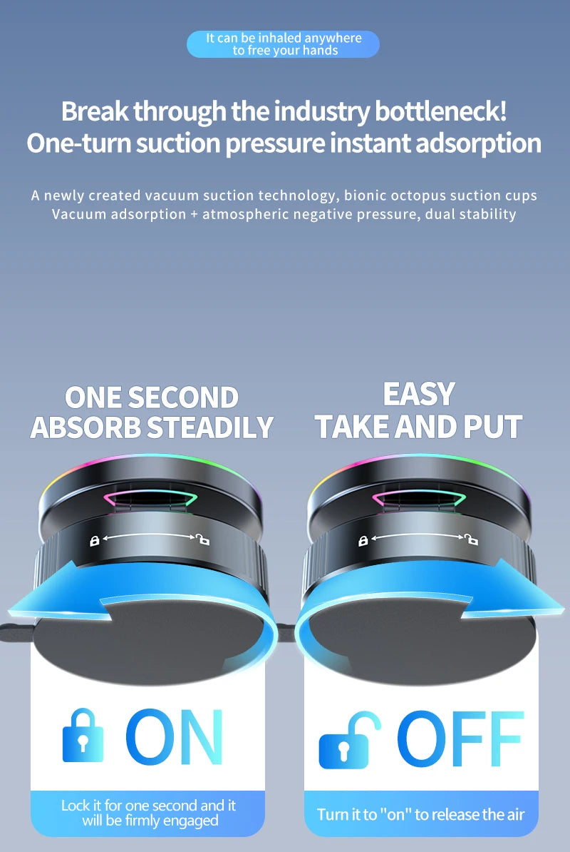 2025 New K3 Wireless Charger Car Phone Holder Colorful Light Vacuum Suction Cup Charging Can 360° Rotate Foldable Phone Holder.