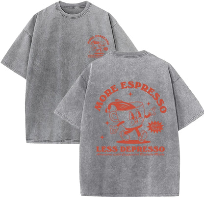 More Espresso Less Depresso Letter Cup Drink Print Washed Womens Tee Shirt Cotton T-Shirts New Breathable Clothes All-Match  Top.