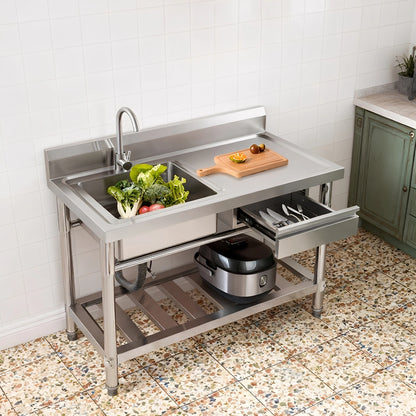Verdicktes Edelstahl-Spülbecken mit Wasserhahn und Schublade, 150 kg Tragkraft 100 x 60 x 80 cm, für Küche, Restaurant, Wäsche, Garage