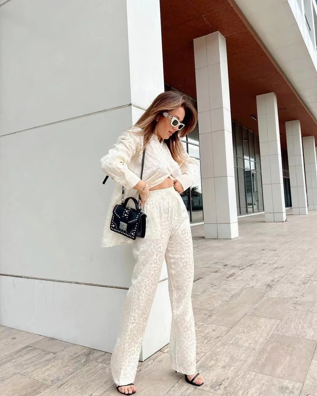 2024 Autumn White Satin Wide Leg Trousers Suit For Women Office Leopard Print Two-Piece Set Home Tracksuit Female Pajamas Sets.
