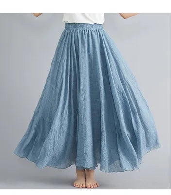 28-Color Mori Girl Literary Cotton Linen Dress Elastic Waist A-line Expansion Skirt Solid Color Ethnic Style Women Long Skirts.