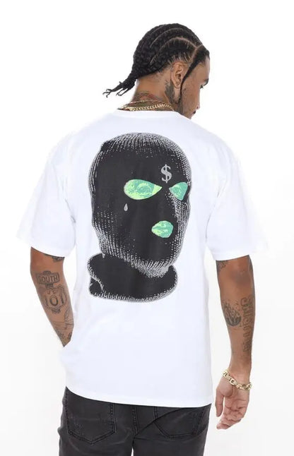 24/25 High-quality American High Street Masked Person Printed T-shirt for Men Oversized Loose Harajuku Short Sleeved Tops.