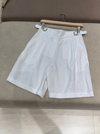Summer women's solid color high quality linen shorts.
