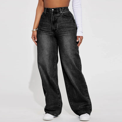 High Waist Straight Leg Women's Jeans Light Wash Casual Trousers Simple Style Cross-Border High Waist Straight Tube Jeans.