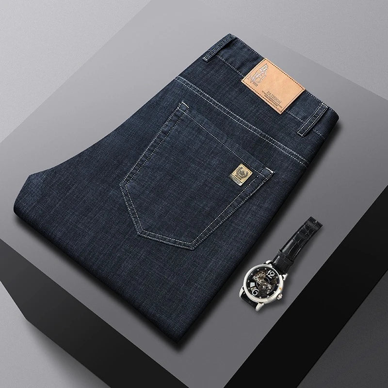 Men's Ice Silk Jeans Summer New Lyocell Thin Business Casual Denim Pants Classic All Match Slim Fit Straight Elastic Jean Male