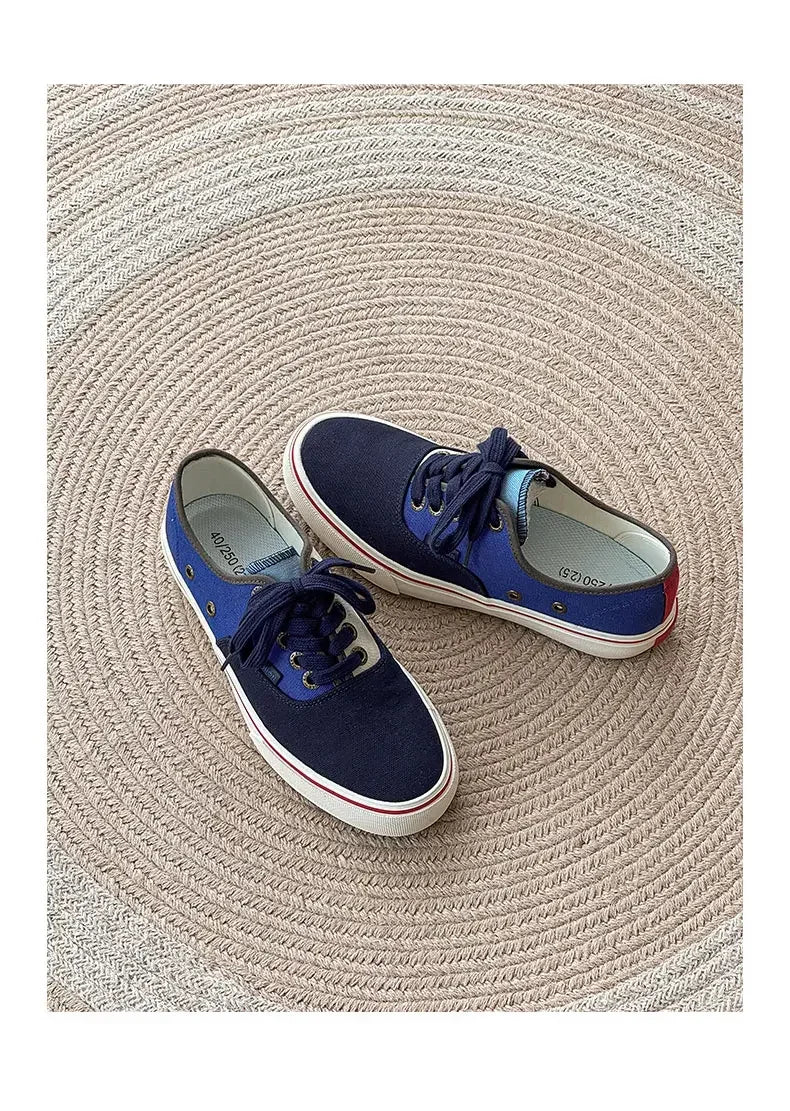 Boys' Casual Canvas Skateboard Shoes with Patchwork Low Cut Shoes Men's Minimalist Fashion Sneakers Trendy Lace Up Flat Bottom