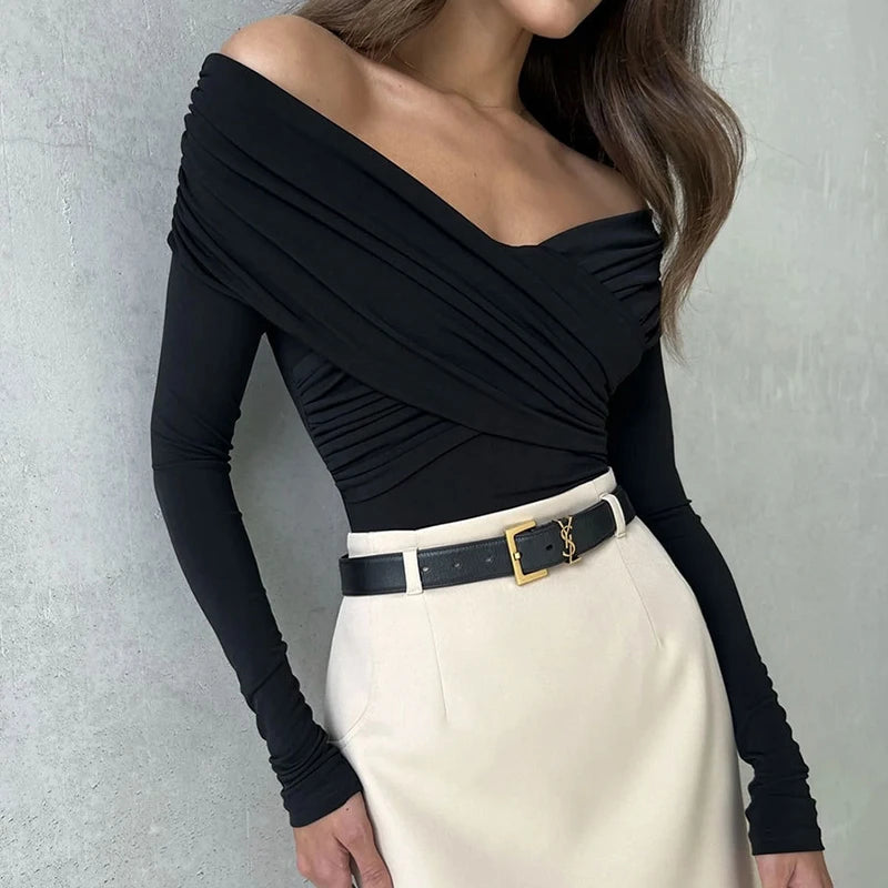 AVV Sexy Cross Pleated Off Shoulder Long Sleeve Skinny Bodysuit Ladies Hot Sexy 2024 One Piece Basic Autumn＆Spring Tops.