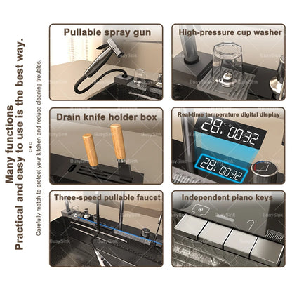 100x50cm Waterfall Kitchen Sink Stainless Steel Extra Large Single Bowl Digital Display Multifunctional Dishwashing Sinks