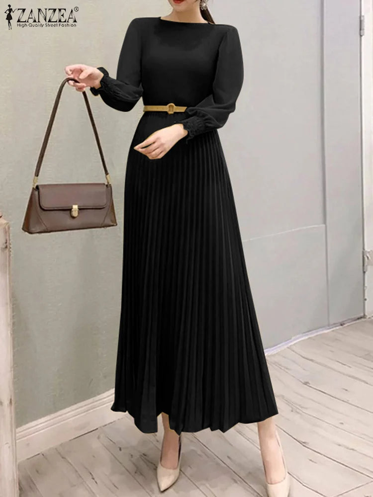 ZANZEA Elegantes Damen-Plisseekleid, edel, gesmokte Bündchen, langärmelig, O-Ausschnitt, Fit und Flare, lang, Vestidos, Pendeln, solide Party-Roben.