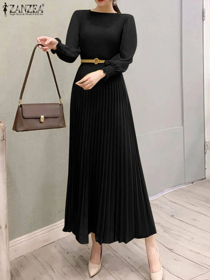 ZANZEA Elegantes Damen-Plisseekleid, edel, gesmokte Bündchen, langärmelig, O-Ausschnitt, Fit und Flare, lang, Vestidos, Pendeln, solide Party-Roben.